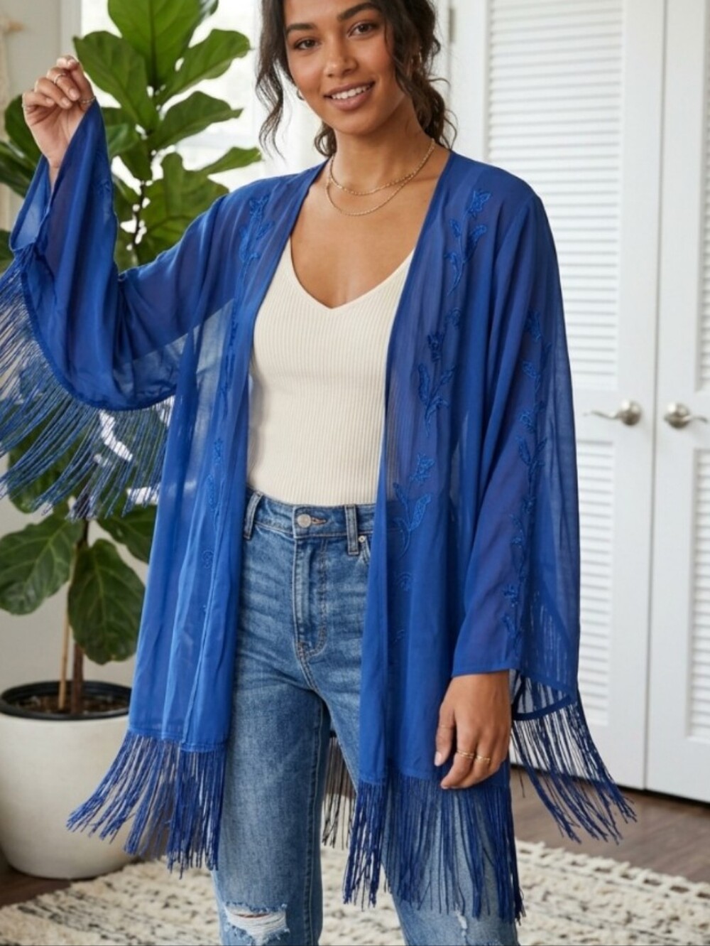 Forgotten Grace Embroidered Fringe Open-Front Shawl Shrug - Navy Size XL